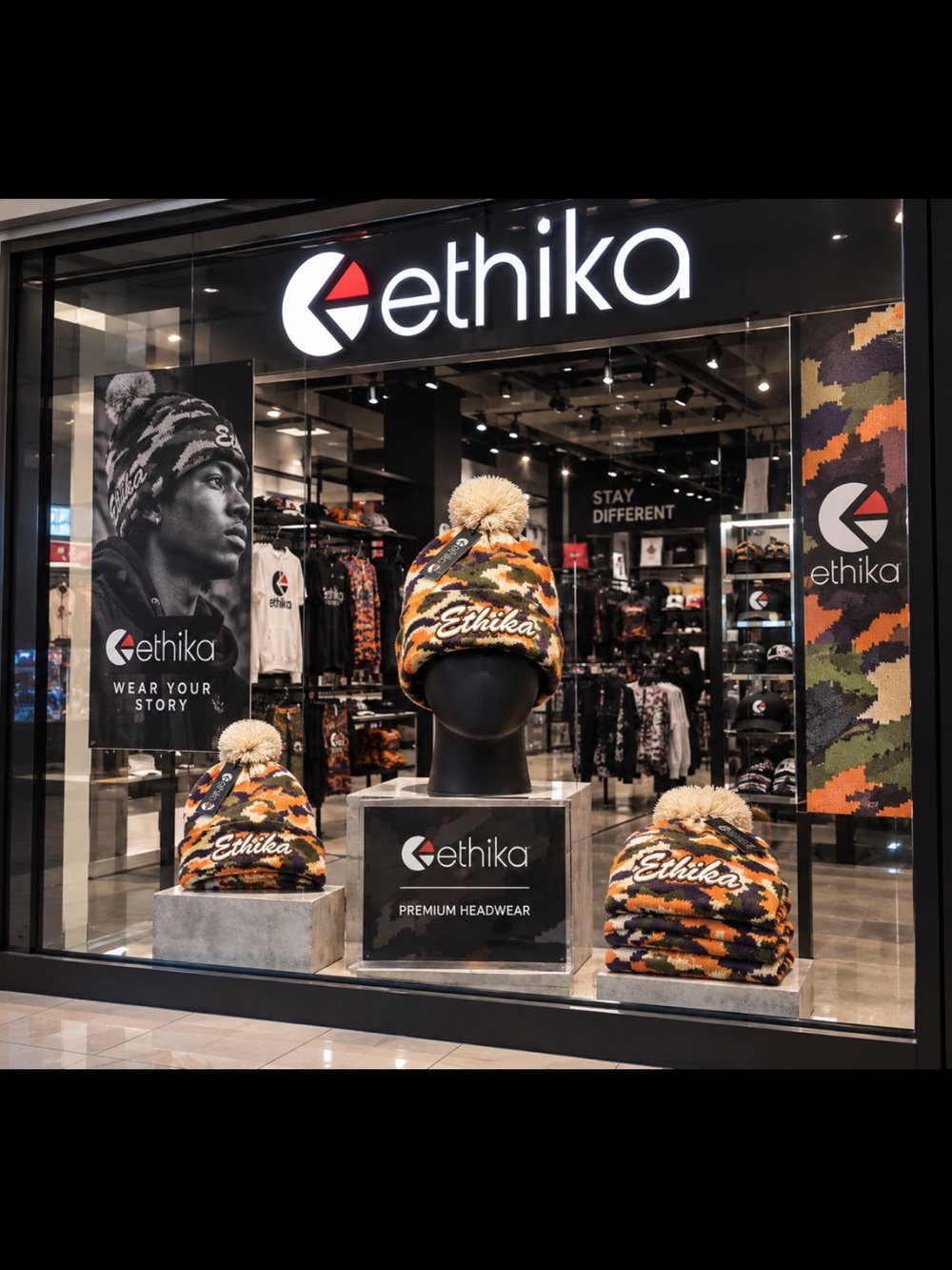 Ethika Camo Pom Beanie - Orange, Cream, Olive & Purple